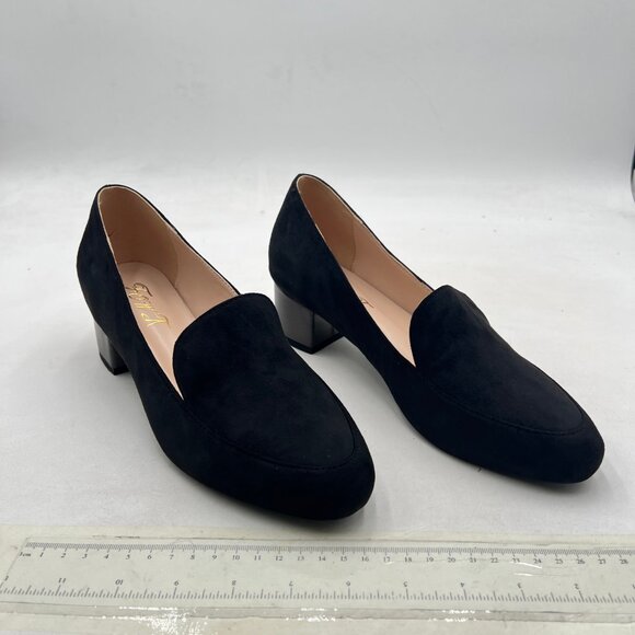 FOWT Black Suede Slip On Side V Cut Loafers Almond Toe Chunky Heel Pumps - Picture 4 of 8